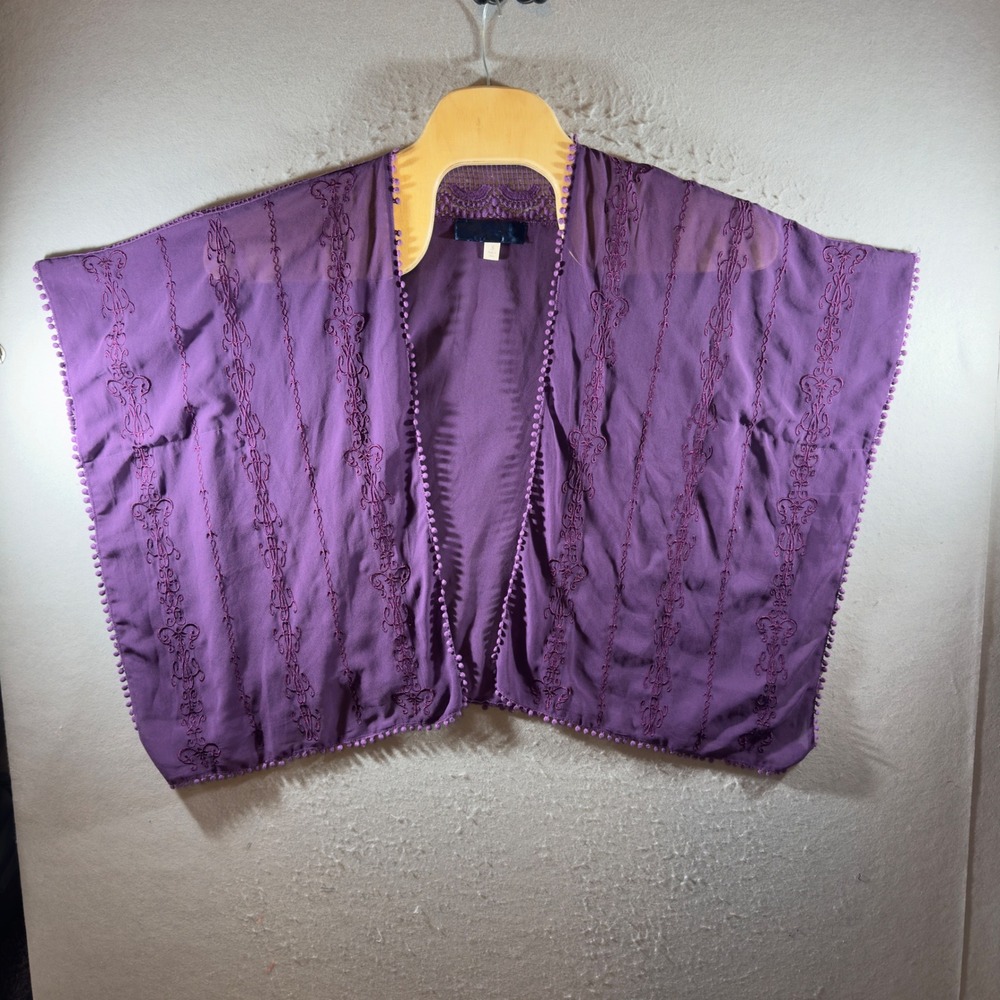 1527 | Embroidered Boho Festival Crochet Trim Kimono Shrug Purple Womens Small
